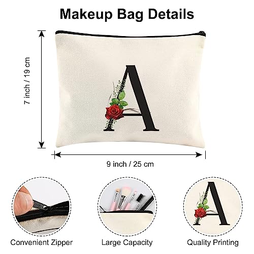 DERTE Initial Floral Tote Bag Personalized Letter Canvas Cosmetic Makeup Bag Monogrammed Gift Beach Bags for Women Bridesmaids Birthday Wedding Bridal Shower (Letter A)