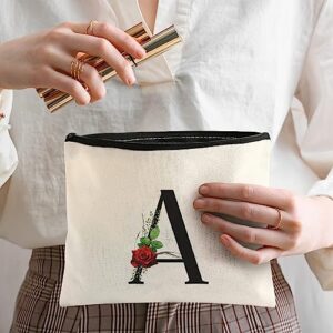 DERTE Initial Floral Tote Bag Personalized Letter Canvas Cosmetic Makeup Bag Monogrammed Gift Beach Bags for Women Bridesmaids Birthday Wedding Bridal Shower (Letter A)