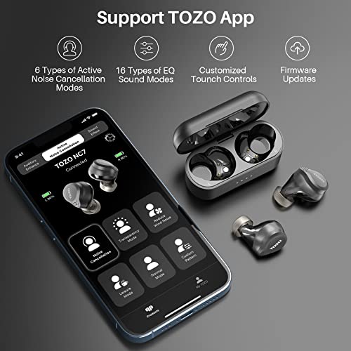 TOZO NC7 2022 Hybrid Active Noise Cancelling Wireless Earbuds,in-Ear Detection Headphones IPX6 Waterproof Bluetooth 5.3, Immersive Sound Premium Deep Bass Headset APP Support,Matte Black (Renewed)