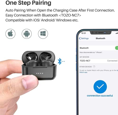 TOZO NC7 2022 Hybrid Active Noise Cancelling Wireless Earbuds,in-Ear Detection Headphones IPX6 Waterproof Bluetooth 5.3, Immersive Sound Premium Deep Bass Headset APP Support,Matte Black (Renewed)