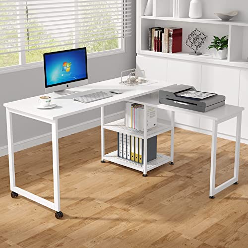 TRIBESIGNS WAY TO ORIGIN 55 Inch Reversible Office Desk, 360° Rotating L-Shaped Computer Desk with Storage Shelves, Modern Home Office Corner Desk Study Writing Table, High Glossy White