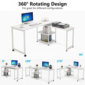 TRIBESIGNS WAY TO ORIGIN 55 Inch Reversible Office Desk, 360° Rotating L-Shaped Computer Desk with Storage Shelves, Modern Home Office Corner Desk Study Writing Table, High Glossy White