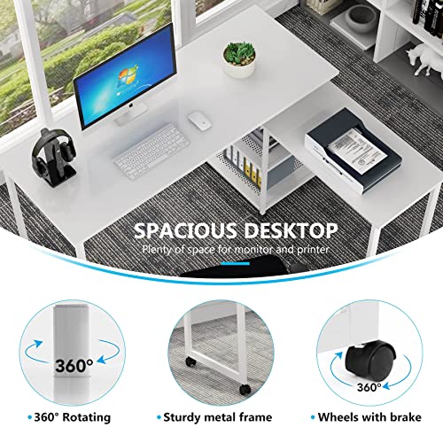 TRIBESIGNS WAY TO ORIGIN 55 Inch Reversible Office Desk, 360° Rotating L-Shaped Computer Desk with Storage Shelves, Modern Home Office Corner Desk Study Writing Table, High Glossy White