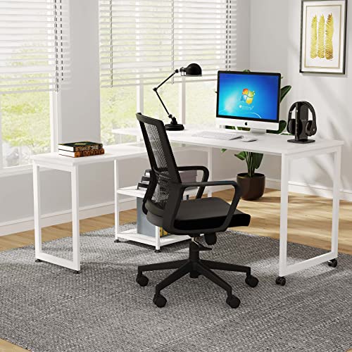 TRIBESIGNS WAY TO ORIGIN 55 Inch Reversible Office Desk, 360° Rotating L-Shaped Computer Desk with Storage Shelves, Modern Home Office Corner Desk Study Writing Table, High Glossy White