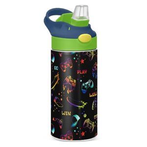 goodold cartoon gamepad kids water bottle, insulated stainless steel water bottles with straw lid, 12 oz bpa-free leakproof duck mouth thermos for boys girls