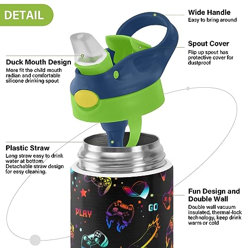 GOODOLD Cartoon Gamepad Kids Water Bottle, Insulated Stainless Steel Water Bottles with Straw Lid, 12 oz BPA-Free Leakproof Duck Mouth Thermos for Boys Girls