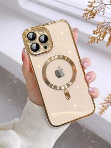 aicisingn magnetic clear case for iphone 14 pro max with full camera lens protector slim soft tpu military grade drop protection case cover compatible with magsafe for women girls 6.7"-gold