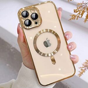 AICISINGN Magnetic Clear Case for iPhone 14 Pro Max with Full Camera Lens Protector Slim Soft TPU Military Grade Drop Protection Case Cover Compatible with MagSafe for Women Girls 6.7"-Gold