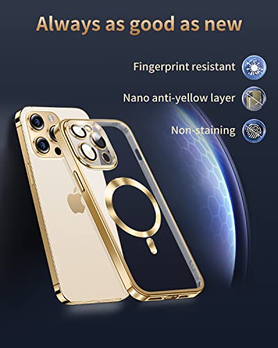 AICISINGN Magnetic Clear Case for iPhone 14 Pro Max with Full Camera Lens Protector Slim Soft TPU Military Grade Drop Protection Case Cover Compatible with MagSafe for Women Girls 6.7"-Gold