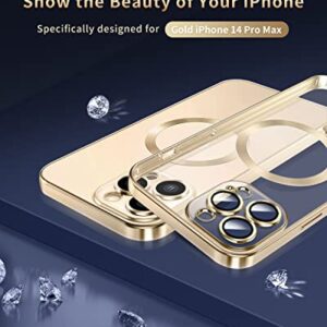 AICISINGN Magnetic Clear Case for iPhone 14 Pro Max with Full Camera Lens Protector Slim Soft TPU Military Grade Drop Protection Case Cover Compatible with MagSafe for Women Girls 6.7"-Gold