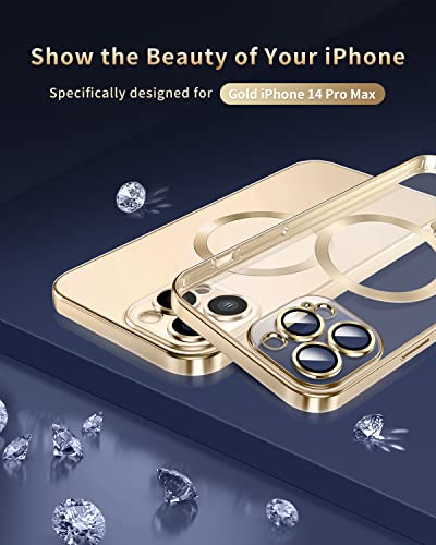 AICISINGN Magnetic Clear Case for iPhone 14 Pro Max with Full Camera Lens Protector Slim Soft TPU Military Grade Drop Protection Case Cover Compatible with MagSafe for Women Girls 6.7"-Gold