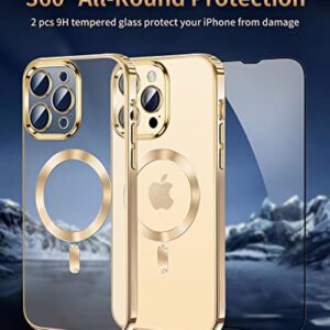 AICISINGN Magnetic Clear Case for iPhone 14 Pro Max with Full Camera Lens Protector Slim Soft TPU Military Grade Drop Protection Case Cover Compatible with MagSafe for Women Girls 6.7"-Gold