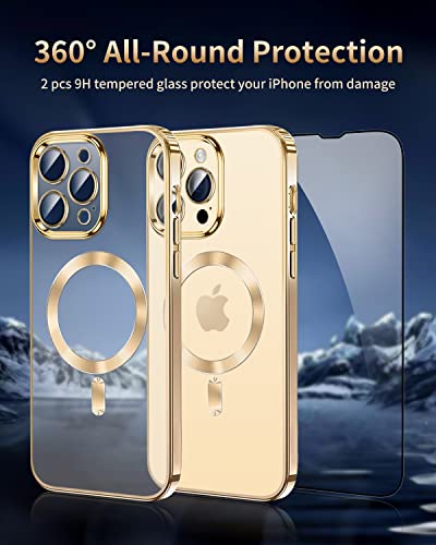 AICISINGN Magnetic Clear Case for iPhone 14 Pro Max with Full Camera Lens Protector Slim Soft TPU Military Grade Drop Protection Case Cover Compatible with MagSafe for Women Girls 6.7"-Gold