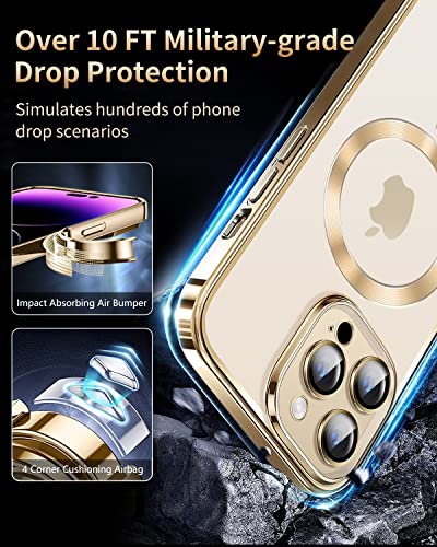 AICISINGN Magnetic Clear Case for iPhone 14 Pro Max with Full Camera Lens Protector Slim Soft TPU Military Grade Drop Protection Case Cover Compatible with MagSafe for Women Girls 6.7"-Gold