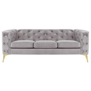 AVZEAR Large Sofa, Mid Century Modern 3 Seater Sofa 84'' Velvet Upholstered 3-Seater Living Room Sofa with Button and Copper Nail on Arms and Back for Living Room Bedroom Small Apartment Office, Grey