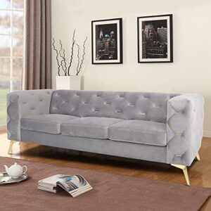 AVZEAR Large Sofa, Mid Century Modern 3 Seater Sofa 84'' Velvet Upholstered 3-Seater Living Room Sofa with Button and Copper Nail on Arms and Back for Living Room Bedroom Small Apartment Office, Grey