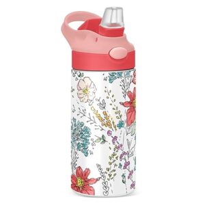 goodold chic floral pattern kids water bottle, insulated stainless steel water bottles with straw lid, 12 oz bpa-free leakproof duck mouth thermos for boys girls