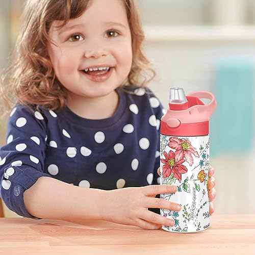 GOODOLD Chic Floral Pattern Kids Water Bottle, Insulated Stainless Steel Water Bottles with Straw Lid, 12 oz BPA-Free Leakproof Duck Mouth Thermos for Boys Girls