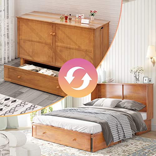 Mixoy Queen Size Murphy Cube Bed,Queen Murphy Cube Cabinet Chest Bed with 3 Level Folding Memory Foam Mattress & USB Charging Station& Large Drawers (Russet Brown,Poplar)