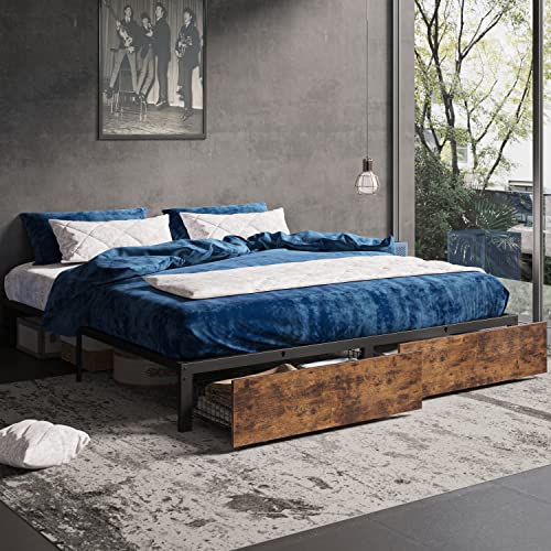 LIKIMIO Metal Platform King Bed Frame with 2 Storage Drawers & Heavy-Duty Dual Centre Support Rails/No Box Spring Needed/Easy Assembly/Large Under-Bed Storage Space/Weight Capacity 1000lbs