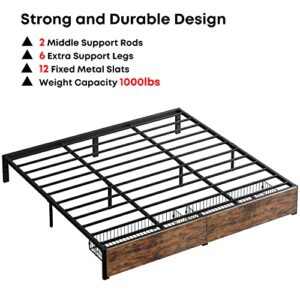 LIKIMIO Metal Platform King Bed Frame with 2 Storage Drawers & Heavy-Duty Dual Centre Support Rails/No Box Spring Needed/Easy Assembly/Large Under-Bed Storage Space/Weight Capacity 1000lbs