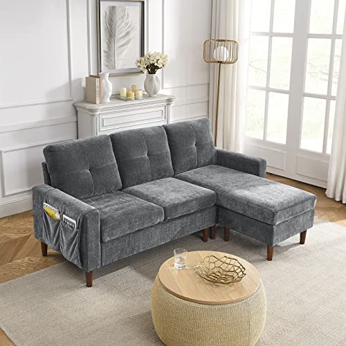 Homtique Convertible Sectional Sofa Couch, L Shaped Sofa with Reversible Chaise and Pocket, 3-Seat Chenille Sofa with Removable Cushions Sectional Couches for Living Room, Apartment (Dark Grey)