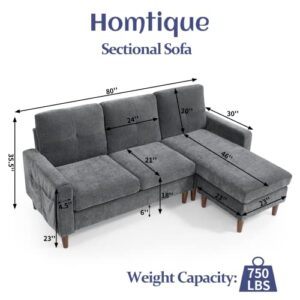 Homtique Convertible Sectional Sofa Couch, L Shaped Sofa with Reversible Chaise and Pocket, 3-Seat Chenille Sofa with Removable Cushions Sectional Couches for Living Room, Apartment (Dark Grey)