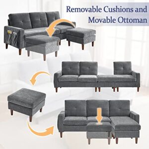 Homtique Convertible Sectional Sofa Couch, L Shaped Sofa with Reversible Chaise and Pocket, 3-Seat Chenille Sofa with Removable Cushions Sectional Couches for Living Room, Apartment (Dark Grey)