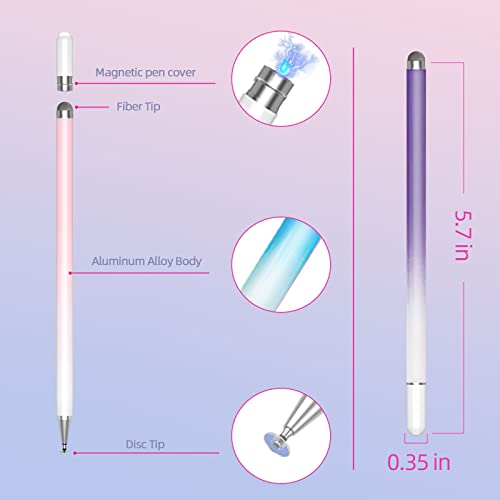 Stylus Pens for Touch Screens, 2 in 1 Stylus Pen for iPad with Precision Disc & Fiber Tip, Capacitive Stylus with Magnetic Cap, Compatible with All Touch Devices (2 Pcs) (Purple/Pink)