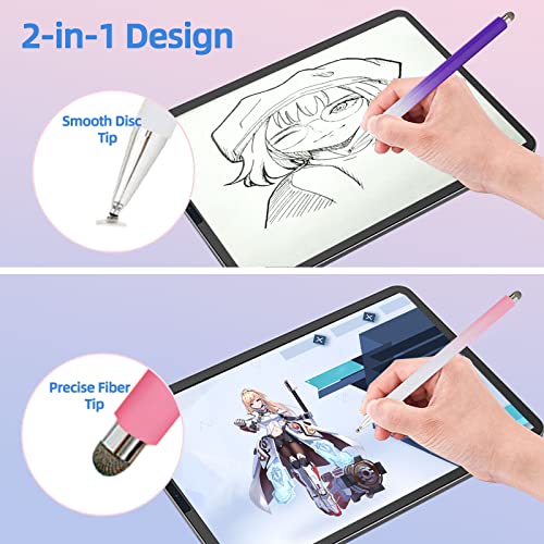 Stylus Pens for Touch Screens, 2 in 1 Stylus Pen for iPad with Precision Disc & Fiber Tip, Capacitive Stylus with Magnetic Cap, Compatible with All Touch Devices (2 Pcs) (Purple/Pink)