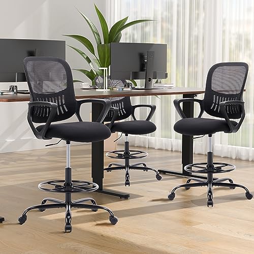 JHK Drafting Standing, Tall Desk Counter Height Adjustable Office Chairs with Comfortable Padded Armrests, Black