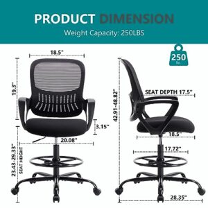 JHK Drafting Standing, Tall Desk Counter Height Adjustable Office Chairs with Comfortable Padded Armrests, Black