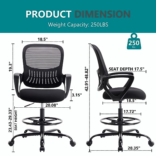 JHK Drafting Standing, Tall Desk Counter Height Adjustable Office Chairs with Comfortable Padded Armrests, Black