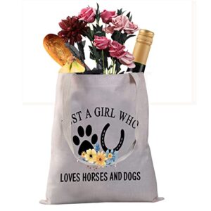 CMNIM Dog Horse Lovers Gifts Just a Girl Who Loves Horses and Dogs Tote Bag Dog and Horse Gifts For Dog Mom Owner Horse Tote Bag (Horses and Dogs Tote beige)