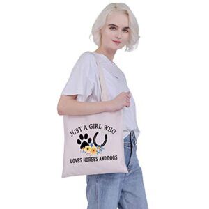 CMNIM Dog Horse Lovers Gifts Just a Girl Who Loves Horses and Dogs Tote Bag Dog and Horse Gifts For Dog Mom Owner Horse Tote Bag (Horses and Dogs Tote beige)