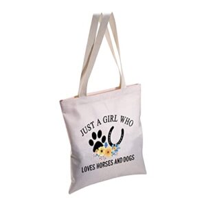 CMNIM Dog Horse Lovers Gifts Just a Girl Who Loves Horses and Dogs Tote Bag Dog and Horse Gifts For Dog Mom Owner Horse Tote Bag (Horses and Dogs Tote beige)