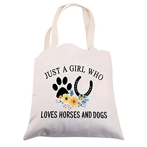 CMNIM Dog Horse Lovers Gifts Just a Girl Who Loves Horses and Dogs Tote Bag Dog and Horse Gifts For Dog Mom Owner Horse Tote Bag (Horses and Dogs Tote beige)