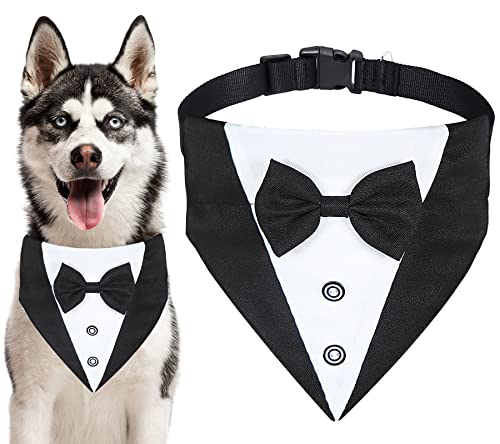 GOYOSWA Dog Tuxedo Collar with Bow Tie Dog Suit Dog Wedding Bandana, Adjustable Dog Tux Formal Dog Costumes for Small Medium Large Dogs Pets (L: Neck 15”-25”)