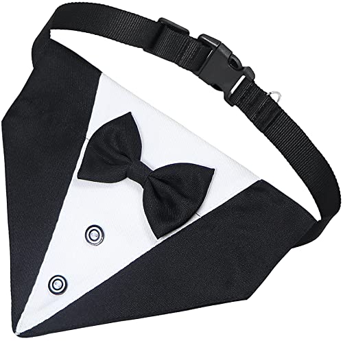 GOYOSWA Dog Tuxedo Collar with Bow Tie Dog Suit Dog Wedding Bandana, Adjustable Dog Tux Formal Dog Costumes for Small Medium Large Dogs Pets (L: Neck 15”-25”)