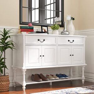 ecacad modern sideboard buffet storage cabinet with drawers, shelves & carved legs, entryway console cabinet for kitchen, living room, white (47.2”l x 15.7”w x 31.9”h)