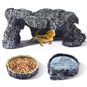 3 pcs large reptile water dish feeding reptile food dish with reptile hides and caves tortoise hideout lizard rock hideout tortoise habitat accessories for geckos spiders snakes hermits turtles crabs