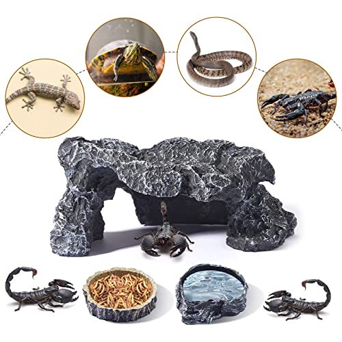 3 Pcs Large Reptile Water Dish Feeding Reptile Food Dish with Reptile Hides and Caves Tortoise Hideout Lizard Rock Hideout Tortoise Habitat Accessories for Geckos Spiders Snakes Hermits Turtles Crabs