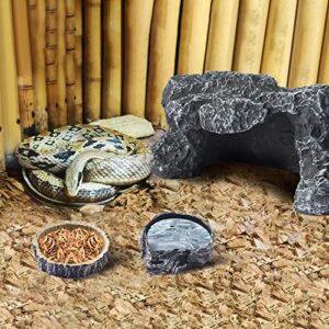 3 Pcs Large Reptile Water Dish Feeding Reptile Food Dish with Reptile Hides and Caves Tortoise Hideout Lizard Rock Hideout Tortoise Habitat Accessories for Geckos Spiders Snakes Hermits Turtles Crabs