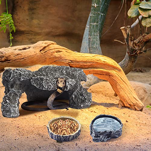 3 Pcs Large Reptile Water Dish Feeding Reptile Food Dish with Reptile Hides and Caves Tortoise Hideout Lizard Rock Hideout Tortoise Habitat Accessories for Geckos Spiders Snakes Hermits Turtles Crabs