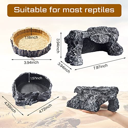 3 Pcs Large Reptile Water Dish Feeding Reptile Food Dish with Reptile Hides and Caves Tortoise Hideout Lizard Rock Hideout Tortoise Habitat Accessories for Geckos Spiders Snakes Hermits Turtles Crabs