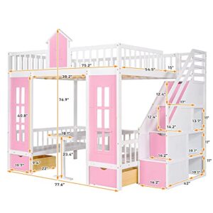 Polibi Full-Over-Full Bunk Bed with Storage Staircase and Changeable Table, Full Bunk Bed Turn into Upper Bed and Down Desk with 2 Drawers, Pink