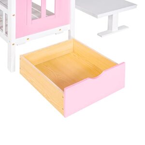 Polibi Full-Over-Full Bunk Bed with Storage Staircase and Changeable Table, Full Bunk Bed Turn into Upper Bed and Down Desk with 2 Drawers, Pink