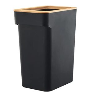 doyingus slim wastebasket 2.6 gal, small trash can with bamboo lid rectangular plastic garbage can for bathroom, bedroom, kitchen, office, living room (black)