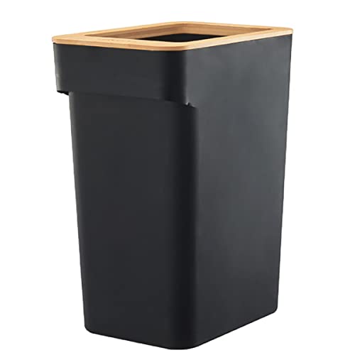 Doyingus Slim Wastebasket 2.6 Gal, Small Trash Can with Bamboo Lid Rectangular Plastic Garbage Can for Bathroom, Bedroom, Kitchen, Office, Living Room (Black)