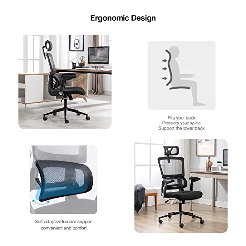 Height-Adjustable Office Chair Ergonomic Office Chair High Back Mesh Computer Chair with Lumbar Support Swivel Rolling Chair with Adjustable Headrest for Home and Office